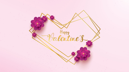 Happy Valentines Day greeting card with pink and purple flower rose. floral background concept with line strip geometric suitable for copy space text , flyers, invitation, posters, brochure, bannersのイラスト素材