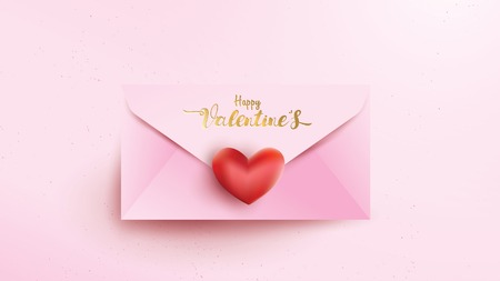 Happy Valentines Day greeting card with pink envelope and red heart . Gold valentine text suitable for banner, poster, advertising and promotion backgroundのイラスト素材