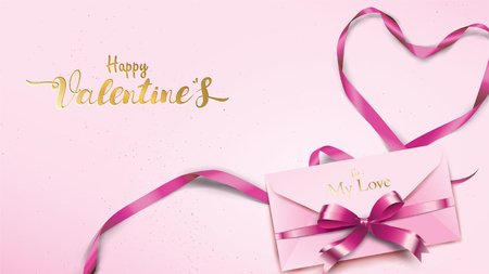 Happy Valentines Day greeting card with pink envelope and purple heart. Gold valentine ribbon concept text suitable for banner, poster, advertising and promotion backgroundのイラスト素材