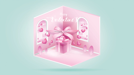 Cute and sweet elements in shape of heart, ribbon, box of gift flying on pink background. Vector symbols of love for Happy Women's, Mother's, Valentine's Day, birthday greeting isometric designのイラスト素材