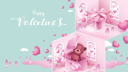Cute and sweet elements in shape of heart, box of gift, teddy bear flying on pink background. Vector symbols of love for Happy Women's, Mother's, Valentine's Day, birthday greeting isometric designのイラスト素材