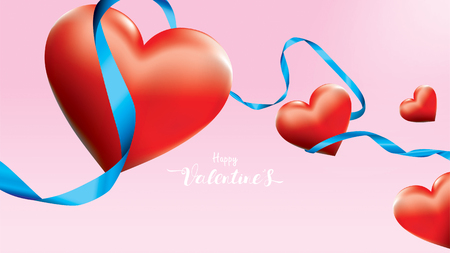 Valentine 3D Colorful Red Romantic Hearts shape flying and Floating blue silk ribbon on pink background. symbols of love for Happy Women's, Mother's, Valentine's Day, birthday greeting card designのイラスト素材