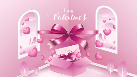 Cute and sweet elements in shape of heart, ribbon, box of gift flying on pink background. Vector symbols of love for Happy Women's, Mother's, Valentine's Day, birthday greeting isometric designのイラスト素材