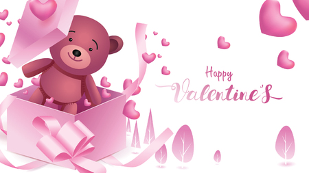 Cute and sweet elements in shape of heart, box of gift, teddy bear flying on pink background. Vector symbols of love for Happy Women's, Mother's, Valentine's Day, birthday greeting banner designのイラスト素材
