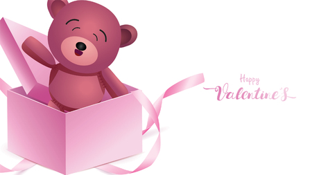 Cute and sweet elements in shape of heart, box of gift, teddy bear flying on pink background. Vector symbols of love for Happy Women's, Mother's, Valentine's Day, birthday greeting banner designのイラスト素材