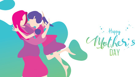 Happy mother's day! Child daughter running and hugging to her mum to congratulate with liquid shape background. Vector illustration flat design style. flat cartoon style. - vectorのイラスト素材