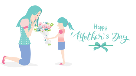 Happy mother's day! Child daughter congratulates mom and gives her flowers tulips. Mum smiling and surprising. Colorful vector illustration flat design style. Flat cartoon style. - vectorのイラスト素材