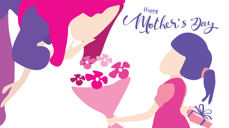 Happy mother's day! Child daughter congratulates mom and gives her flowers tulips. Mum smiling and surprising. Vector illustration flat design style. - Vectorのイラスト素材