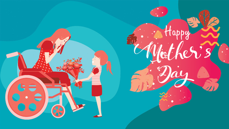 Happy mother's day! Child daughter congratulates disabled mum in wheelchair and gives her flowers tulips. Colorful vector illustration flat design style with living coral color trendy 2019. - vectorのイラスト素材
