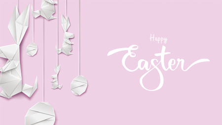 Happy Easter card with bunny rabbit shape, eggs on colorful modern pastel background. Copy space for text vector illustration with paper cut style. - Vectorのイラスト素材