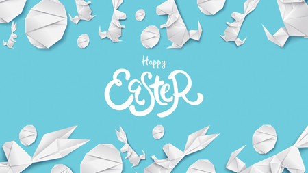 3d paper cut illustration of easter rabbit, grass, flowers and egg shape. Happy easter greeting card modern template. - Vectorのイラスト素材