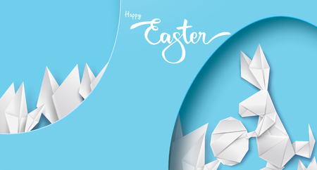 3d paper cut illustration of easter rabbit, grass, flowers and egg shape. Happy easter greeting card modern template. - Vectorのイラスト素材