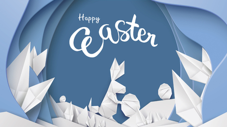 Happy Easter card with bunny rabbit shape, eggs on colorful modern pastel background. Copy space for text vector illustration with paper cut style. - Vectorのイラスト素材