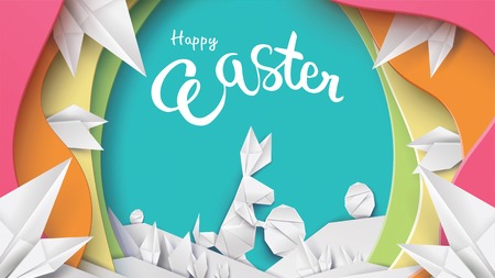 3d paper cut illustration of colorful easter rabbit, grass, flowers and egg shape. Happy easter greeting card template. - Vectorのイラスト素材