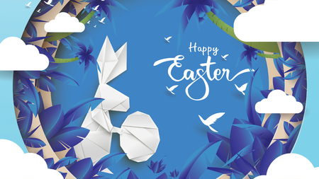 3d paper cut illustration of easter rabbit, grass, flowers, plant, tree and egg shape with nature concept. Happy easter greeting card modern template. - Vectorのイラスト素材