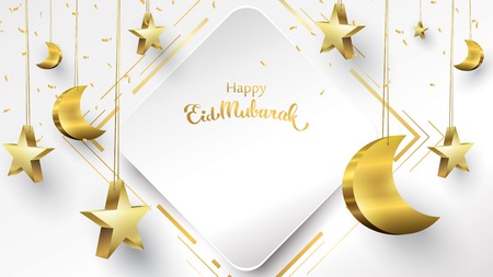 Eid Mubarak greeting Card Illustration, ramadan kareem, Wishing for Islamic festival for banner, background, illustration, brochure and sale background in paper art style with confetti - Vectorのイラスト素材