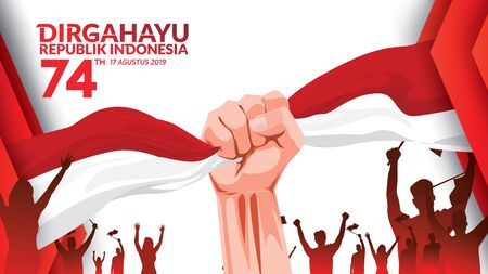 17 August. Indonesia Happy Independence Day greeting card with hands clenched, Spirit of freedom symbol. Use for banner, and background . - Vectorのイラスト素材