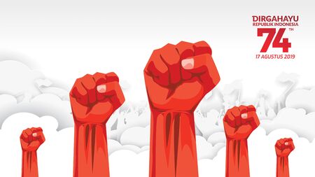 17 August. Indonesia Happy Independence Day greeting card with hands clenched, Spirit of freedom symbol. Use for banner, and background . - Vectorのイラスト素材