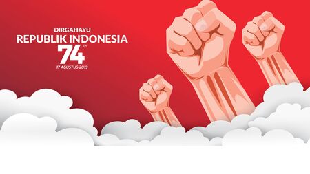 17 August. Indonesia Happy Independence Day greeting card with hands clenched, Spirit of freedom symbol. Use for banner, and background . - Vectorのイラスト素材