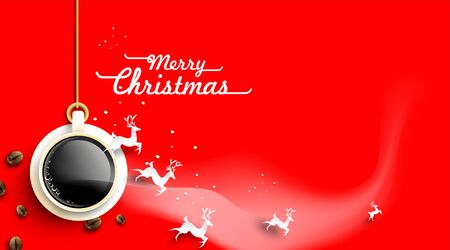 Cup of coffee with christmas deer as decorations and coffee beans on red background from above. Hot drink smell of christmas. simple concept. Winter coffee shop background. -Vectorのイラスト素材