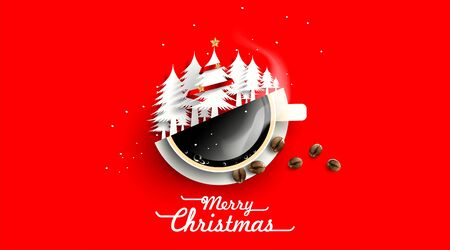 Christmas tree in cup off coffee and beans on white background from above. Hot drink smell of christmas simple concept . Winter coffee shop advertisement background. -Vectorのイラスト素材