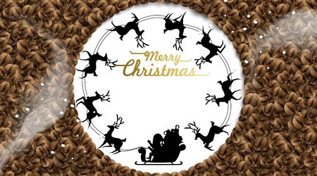 Merry christmas with coffee beans on white background from above. Santa ride reindeer sleigh simple concept . Winter coffee shop advertisement background. -Vectorのイラスト素材