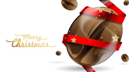 Merry Christmas and coffee beans with red ribbon around. Winter holiday concept. Coffee shop advertisement. - Vectorのイラスト素材