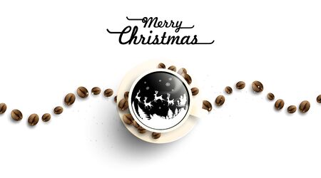 Merry christmas in cup off coffee and beans on white background from above. Hot drink smell of christmas. Santa ride reindeer sleigh. Winter coffee shop advertisement background. -Vectorのイラスト素材