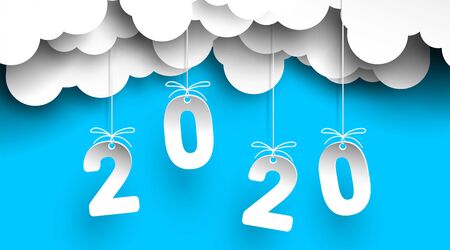 2020 New Year design on sky background with clouds number in paper cut and craft style for your flyers, greetings and invitations cards. White color and simple 2020 in blue background. - Vector.のイラスト素材