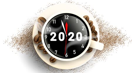 2020 new year in cup of coffee. Coffee bean roasting with powder. Clock of coffee concept. - Vectorのイラスト素材