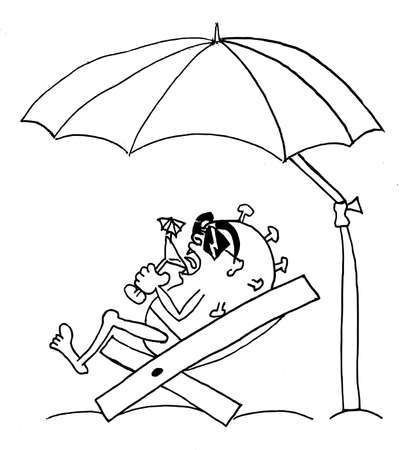 Coronavirus (Covid-19) strikes even on the summer days. In the shade of umbrella Corona enjoying with cocktail and sun glassesのイラスト素材