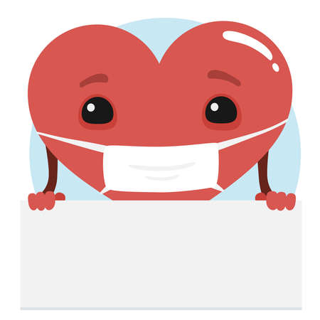 Cute pandemic heart character with a blank sign.Vector cartoon heart character illustration from cute heart cartoon collection.のイラスト素材