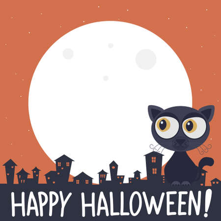 Dark cat looking halloween moon.Vector black cat cartoon character illustration from halloween collection.のイラスト素材