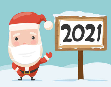 Cartoon santa with 2021 wooden sign.Vector illustration of cartoon santa from new year collection.のイラスト素材