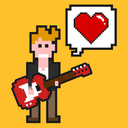 Guitarist singing love song.Vector guitarist illustration from pixel musician people collection.