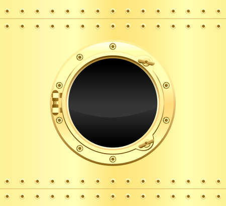 Golden round porthole.Vector illustration of realistic golden porthole window.のイラスト素材