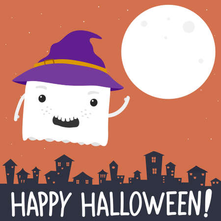 Happy halloween banner with ghost cartoon.Vector cute ghost illustration from halloween collection.のイラスト素材