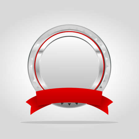 Metallic quality badge with red ribbon label.Vector illustration of warranty medal.のイラスト素材