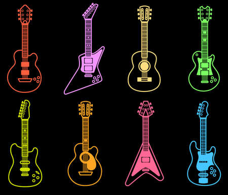 Line art guitar icons collection with neon style.Vector illustration of guitar icons with neon colors.のイラスト素材