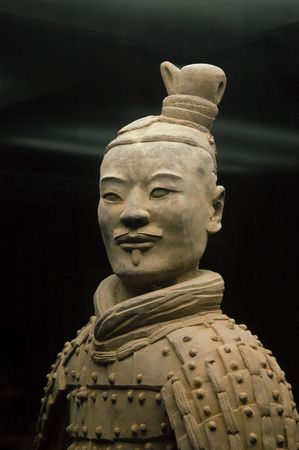 Famous Chinese ancient terracotta warrior portret over dark background.のeditorial素材