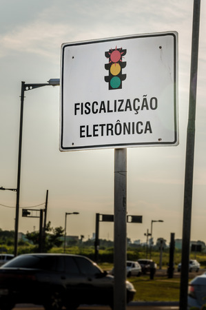 Traffic control signaling board in Brazilian Portuguese. Fiscalizacao eletronica sign.の写真素材