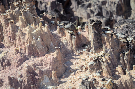 Formations made by rainwater on sandy rocks. The rainwater hits the stone's edge forming these pointed natural sculptures. Natural sculptures located in Joao Pessoa PB, Brazil.の写真素材