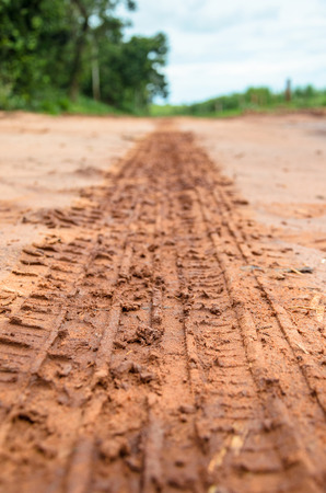 Tire track on the ground. Tire track texture on a farm road.の写真素材