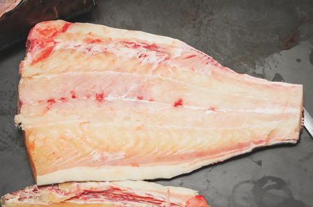 Pintado fish fillet. Brazilian Pintado fish, white meat, leather fish with rounded black spots on...