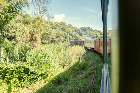 Train ride. Train making a curve to the left on the side of a mountain. Green vegetation and trees...