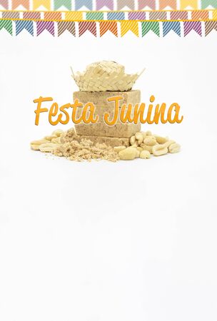 Brazilian Festa Junina background. Peanut candy and some peanuts on a thematic background. Party...