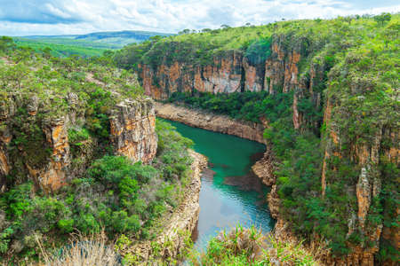 Canyons of Furnas, city's postcard of CapitÃ³lio MG Brazil. Beautiful panoramic landscape of eco tourism of Minas Gerais state. Beautiful green water of Lake of Furnas.の写真素材
