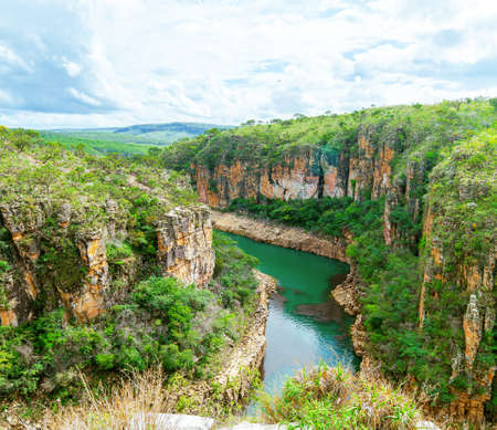 Canyons of Furnas, city's postcard of CapitÃ³lio MG Brazil. Beautiful panoramic landscape of eco tourism of Minas Gerais state. Beautiful green water of Lake of Furnas.の写真素材