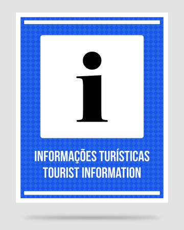 Tourist Information sign written in Brazilian Portuguese and English. Blue information sign board.の写真素材