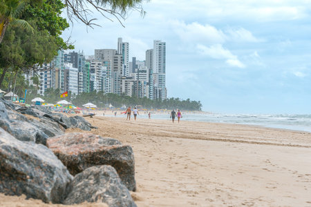 Recife, PE, Brazil - October 14, 2021: view to the beach of Boa Viagem and the buildings of the city in the background. Morning at the beach of the northeast coast.のeditorial素材